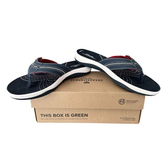 Clarks Cloudsteppers Sunmaze Tide Navy Sandals Flip Flops Red, White & Blue - Picture 1 of 9